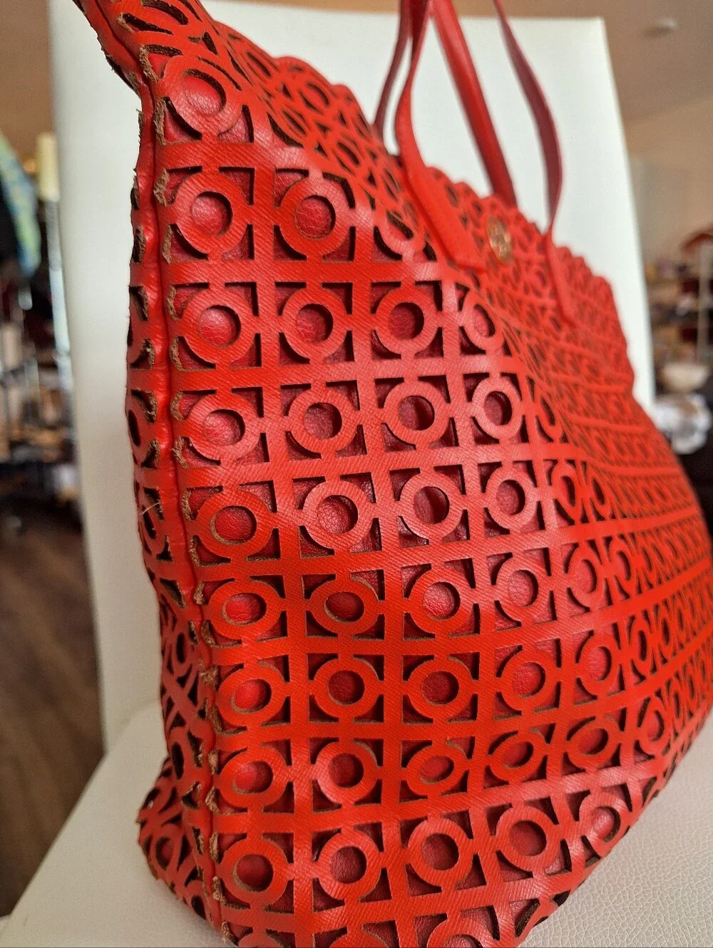 Tory Burch Coral Red Laser Cut Tote EUC